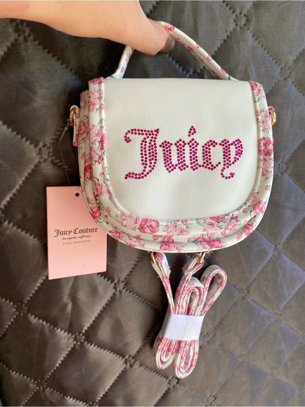 NWT Juicy Couture Kids/Mini Floral Rose Crossbody Bag Rhinestone Logo Pink Cream